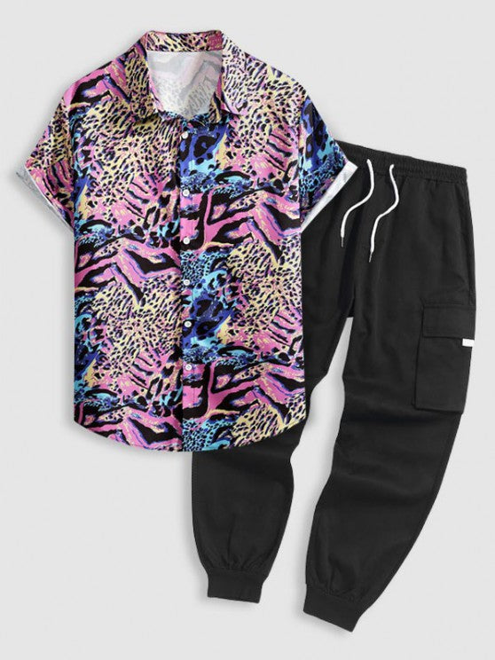 Leopard Pattern Shirt And Cargo Pants Set - Grafton Collection