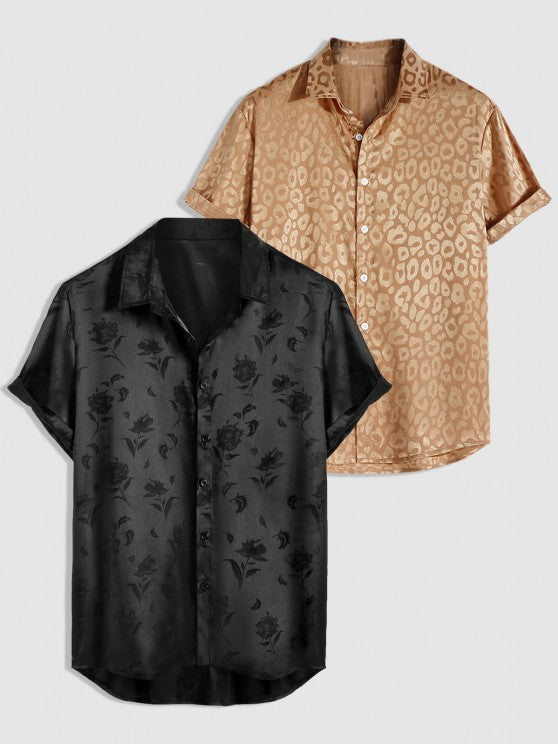 Silky Leopard Print Satin Short Sleeve Shirt - Grafton Collection