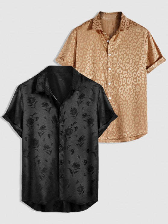 Silky Leopard Print Satin Short Sleeve Shirt - Grafton Collection