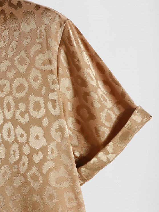 Silky Leopard Print Satin Short Sleeve Shirt - Grafton Collection