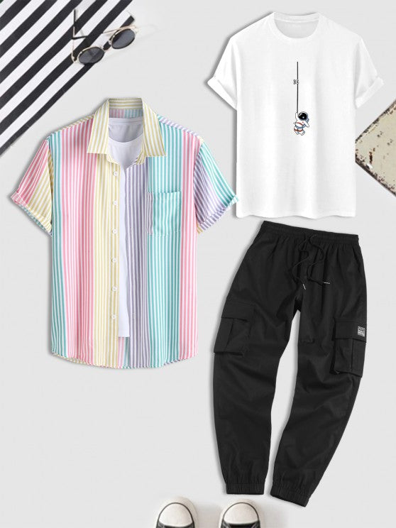 Astronaut Print T Shirt And Stripes Shirt And Cargo Pants Set - Grafton Collection
