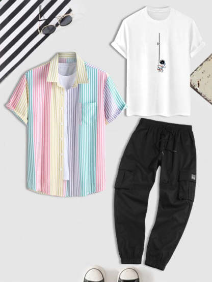 Astronaut Print T Shirt And Stripes Shirt And Cargo Pants Set - Grafton Collection