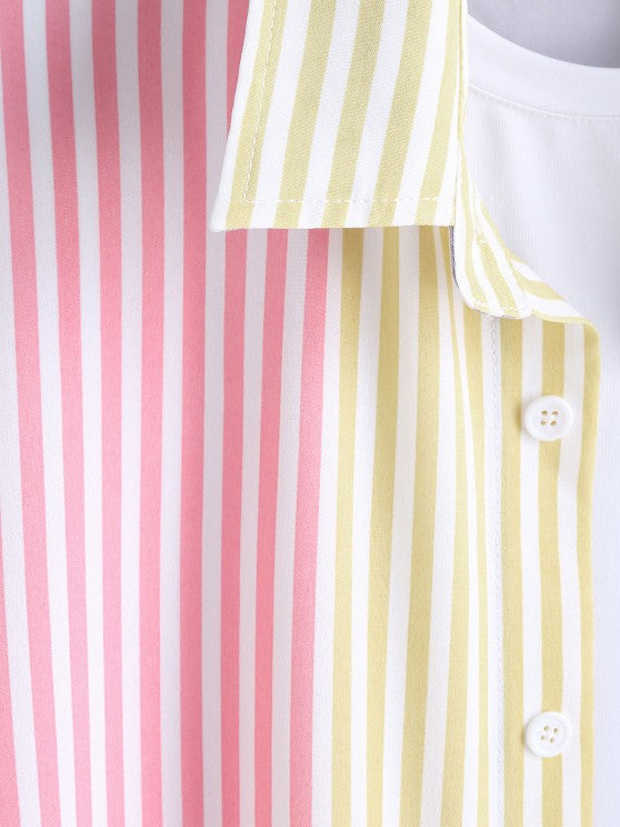 Astronaut Print T Shirt And Stripes Shirt And Cargo Pants Set - Grafton Collection