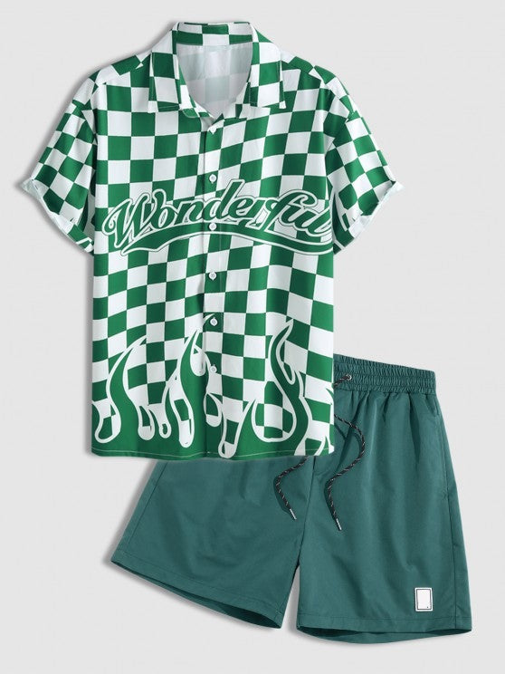 Checkered Print Shirt And Drawstring Shorts - Grafton Collection