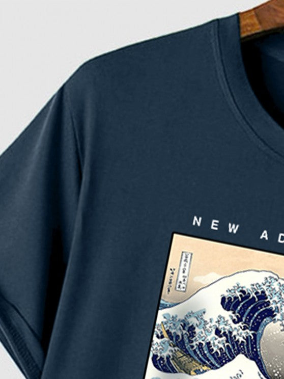 Sea Waves Pattern T Shirt With Casual Shorts Set - Grafton Collection