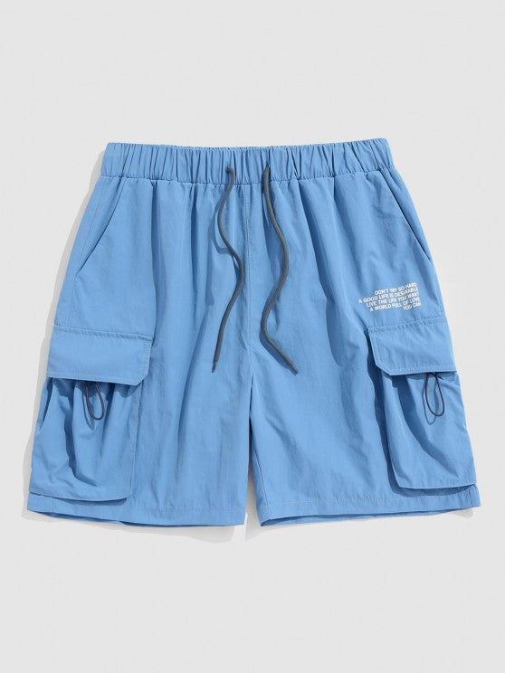 Wave Printed T Shirt And Letter Printed Cargo Shorts Set - Grafton Collection