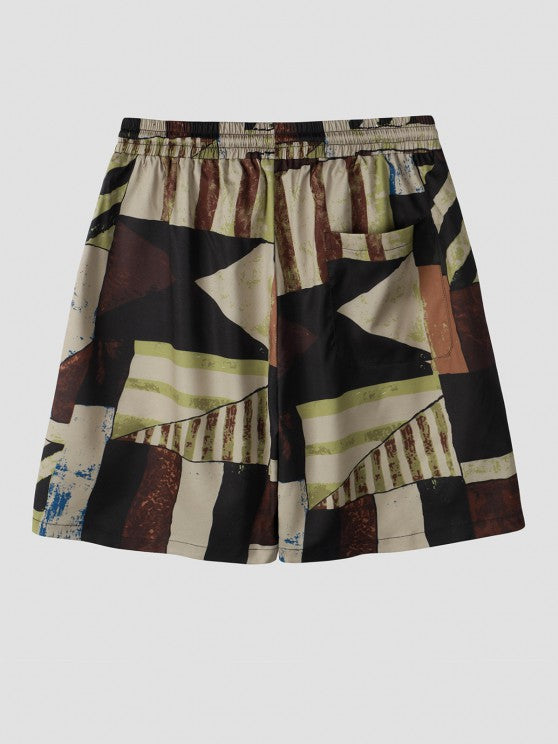 Geometric Pattern Lace Up Kimono With Casual Shorts Set - Grafton Collection