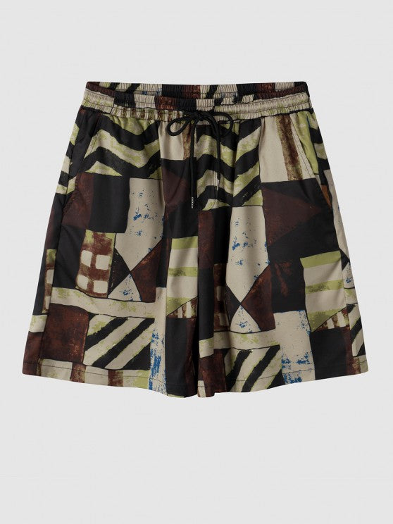 Geometric Pattern Lace Up Kimono With Casual Shorts Set - Grafton Collection