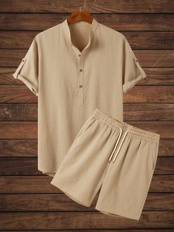 Half Button Shirt And Drawstring Shorts Set - Grafton Collection