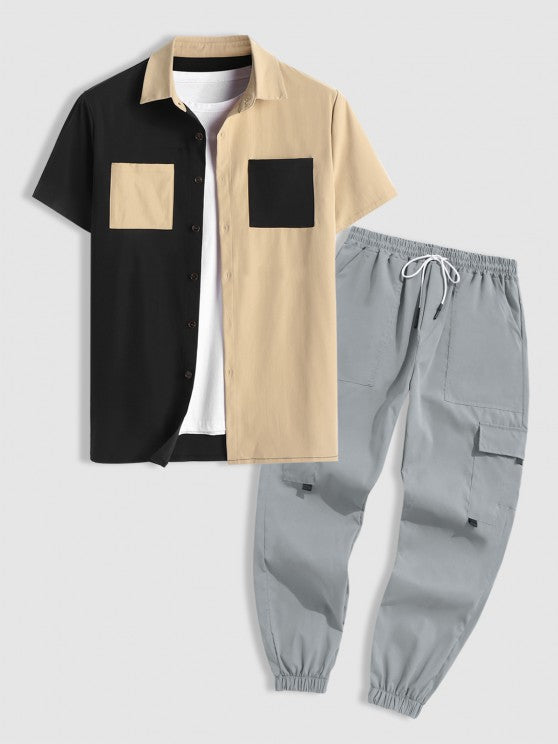 Two Tone Short Sleeves Shirt And Pants Set - Grafton Collection