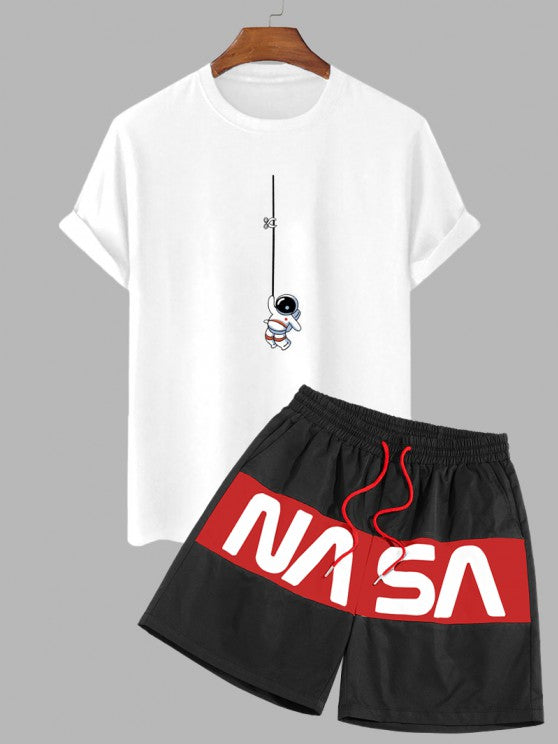 Graphic Astronaut Print T Shirt And Letter Shorts Set - Grafton Collection
