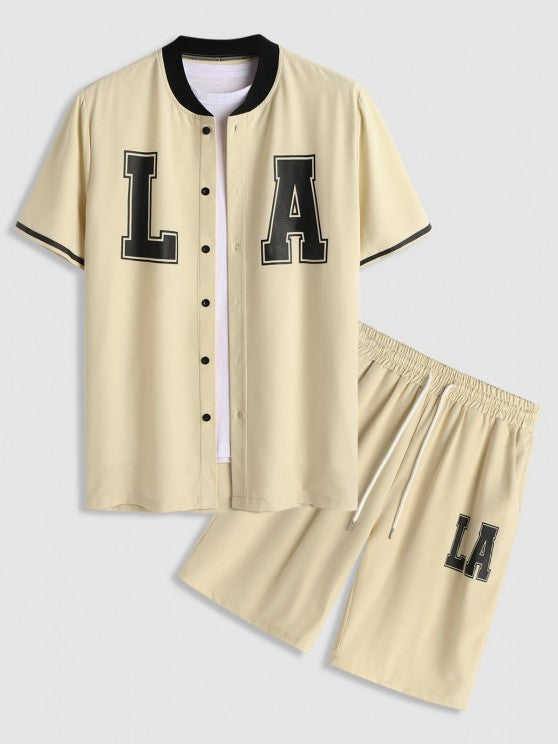 LA Print Stand Collar Shirt With Shorts Set - Grafton Collection