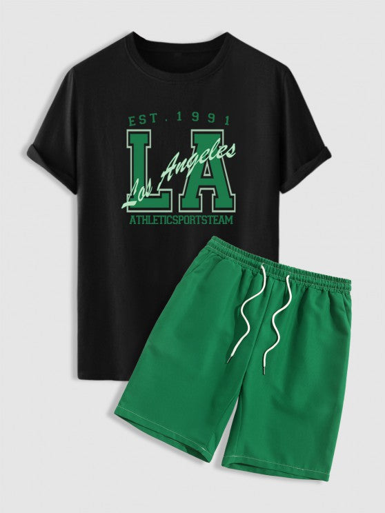 Letter Printed T-Shirt And Casual Shorts Set - Grafton Collection