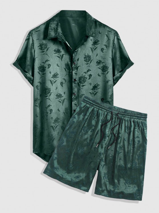 Rose Pattern Short Sleeve Shirt And Shorts Set - Grafton Collection