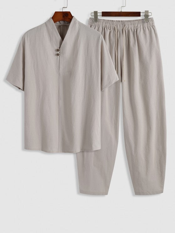 Linen Textured Popover Shirt And Pants Set - Grafton Collection