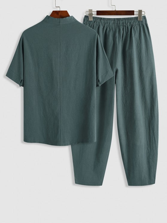 Linen Textured Popover Shirt And Pants Set - Grafton Collection