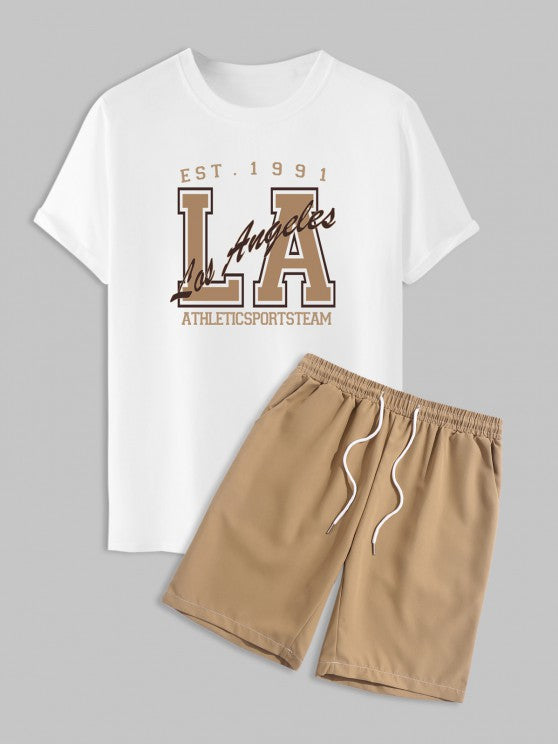 Letter Printed T-Shirt And Casual Shorts Set - Grafton Collection