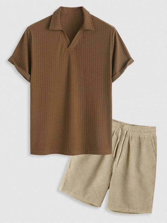 V Neck Collared T-Shirt And Drawstring Shorts - Grafton Collection