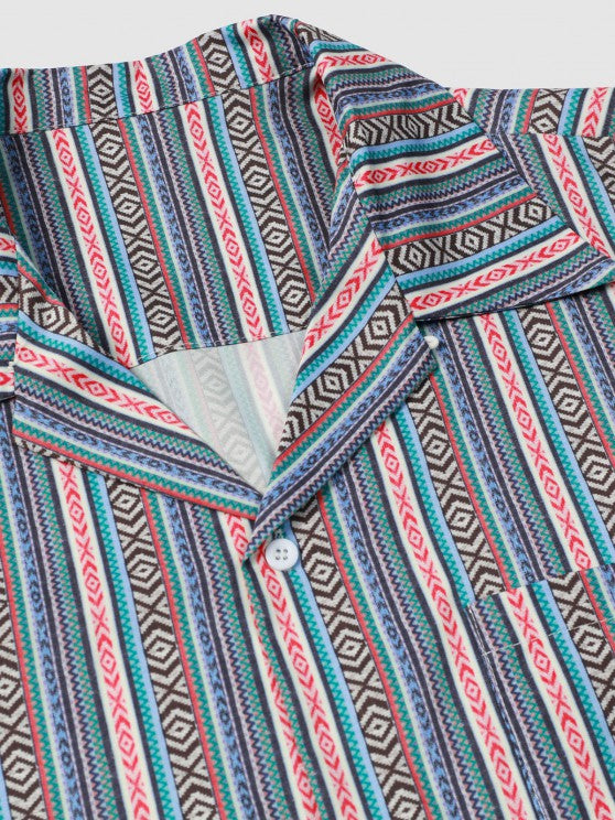 Retro Striped Geo Pattern Short Sleeves Shirt And Shorts Set - Grafton Collection