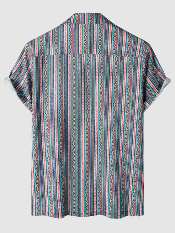 Retro Striped Geo Pattern Short Sleeves Shirt And Shorts Set - Grafton Collection