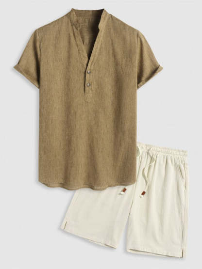 V Neck Plain Shirt And Drawstring Shorts - Grafton Collection