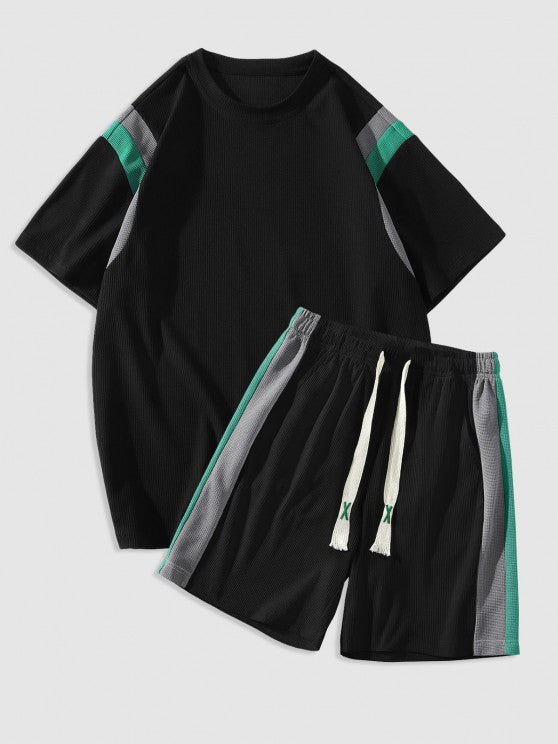 Textured Short Sleeves T Shirt And Shorts Athletic Set - Grafton Collection