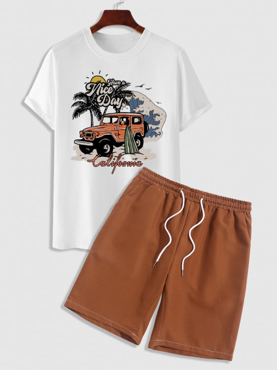 Graphic Coconut Tree Pattern T Shirt And Shorts - Grafton Collection
