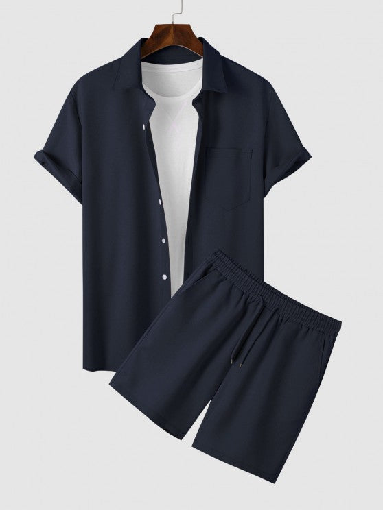 Solid Color Shirt And Casual Shorts Set - Grafton Collection