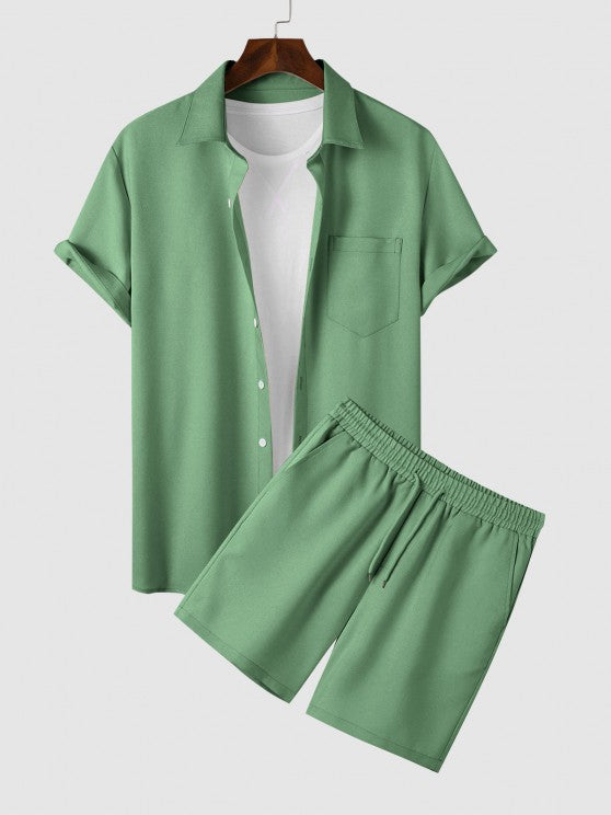 Solid Color Shirt And Casual Shorts Set - Grafton Collection