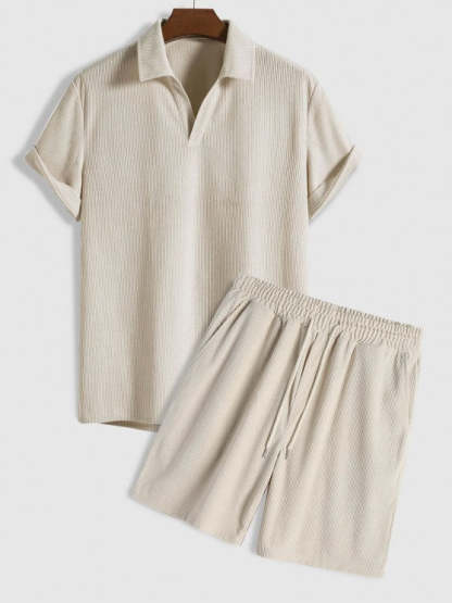Solid Color Plain Shirt And Corduroy Shorts Set - Grafton Collection