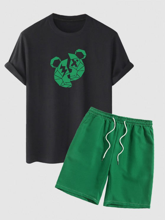 Bear Print T Shirt And Casual Shorts Set - Grafton Collection