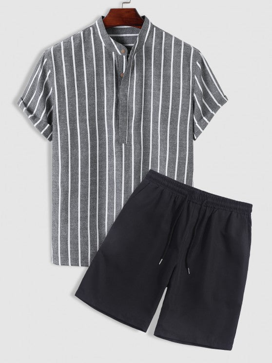 Vertical Striped Pullover Shirt And Shorts Set - Grafton Collection