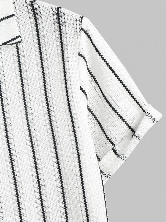 Contrast Vertical Stripes Knit Shirt And Drawstring Shorts Set - Grafton Collection
