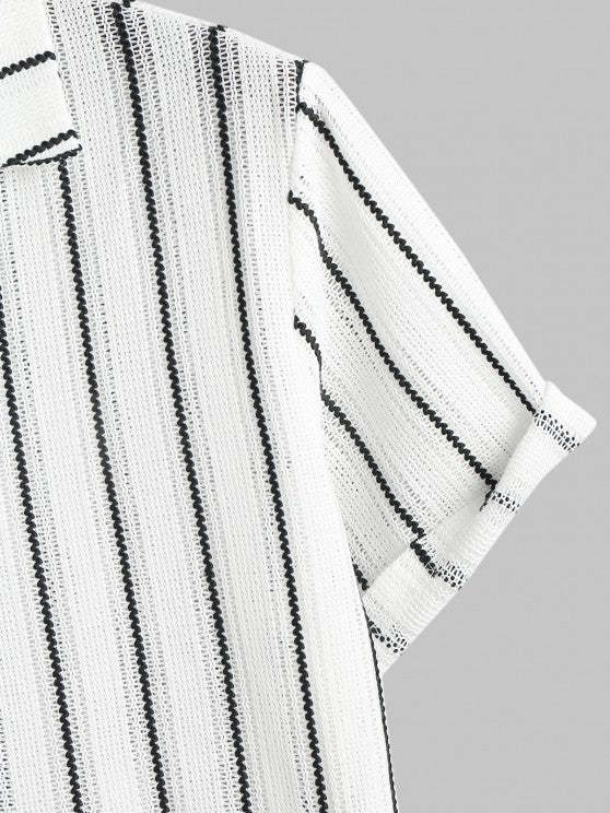 Contrast Vertical Stripes Knit Shirt And Drawstring Shorts Set - Grafton Collection