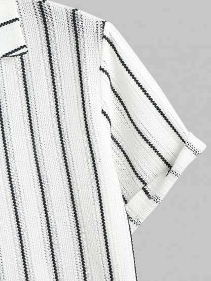 Contrast Vertical Stripes Knit Shirt And Drawstring Shorts Set - Grafton Collection