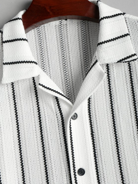 Contrast Vertical Stripes Knit Shirt And Drawstring Shorts Set - Grafton Collection