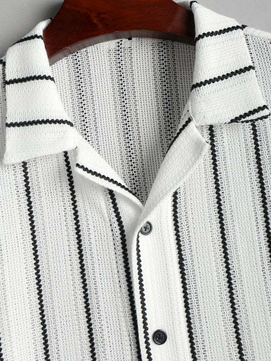 Contrast Vertical Stripes Knit Shirt And Drawstring Shorts Set - Grafton Collection