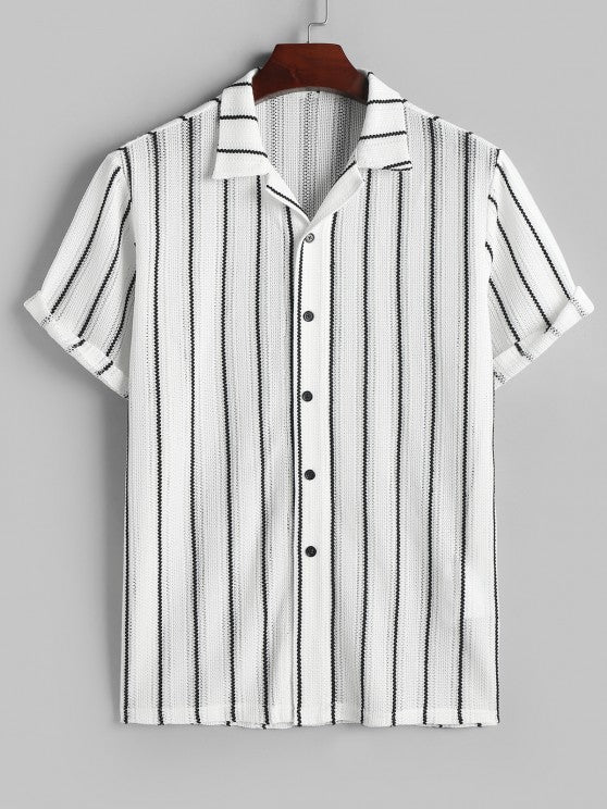 Contrast Vertical Stripes Knit Shirt And Drawstring Shorts Set - Grafton Collection