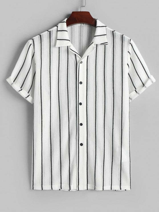 Contrast Vertical Stripes Knit Shirt And Drawstring Shorts Set - Grafton Collection