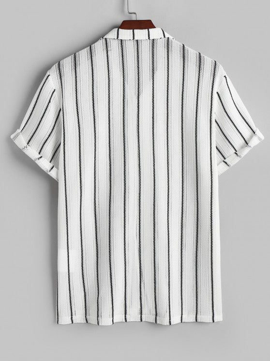 Contrast Vertical Stripes Knit Shirt And Drawstring Shorts Set - Grafton Collection