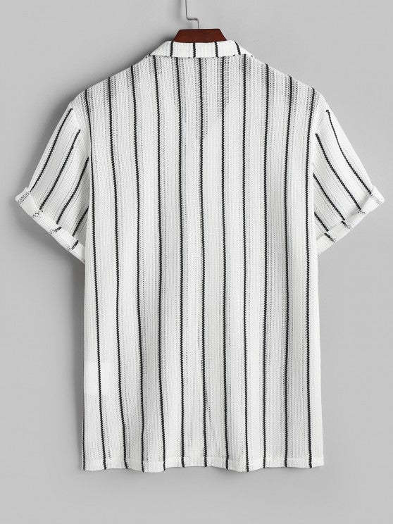 Contrast Vertical Stripes Knit Shirt And Drawstring Shorts Set - Grafton Collection