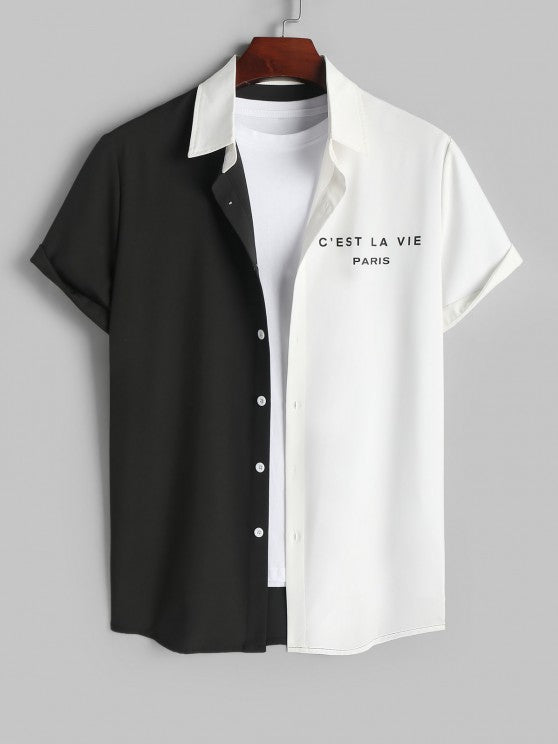 Two Tone Button Up Shirt And Drawstring Shorts Set - Grafton Collection