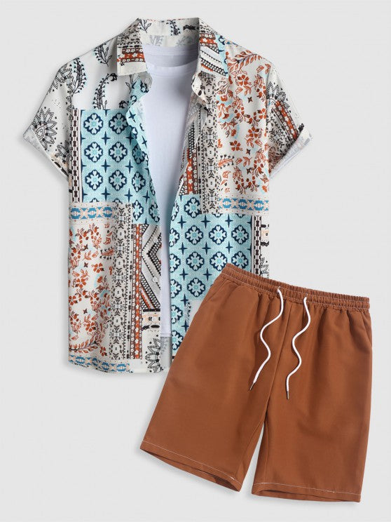 Ethnic Printed Flowers Shirt With Casual Shorts - Grafton Collection