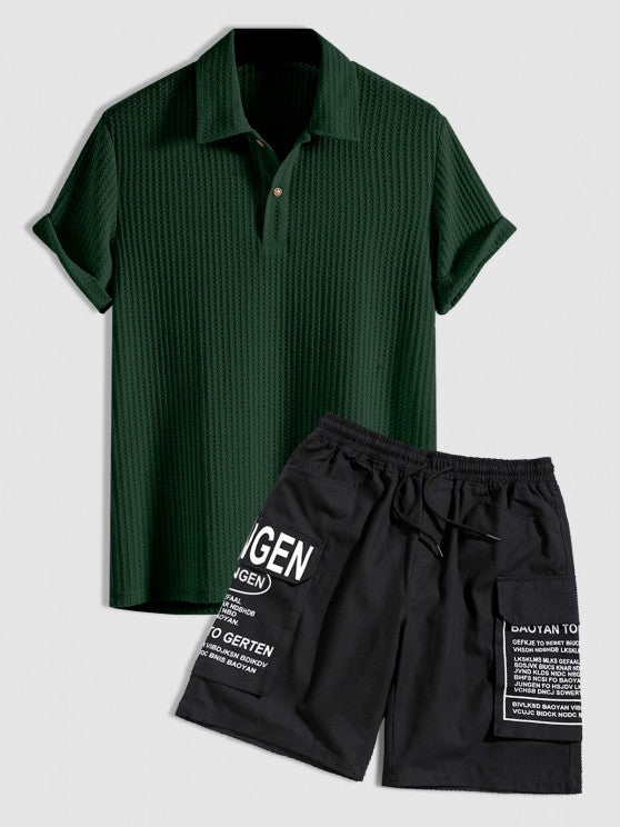 Plain Textured Collar T Shirt And Cargo Shorts - Grafton Collection