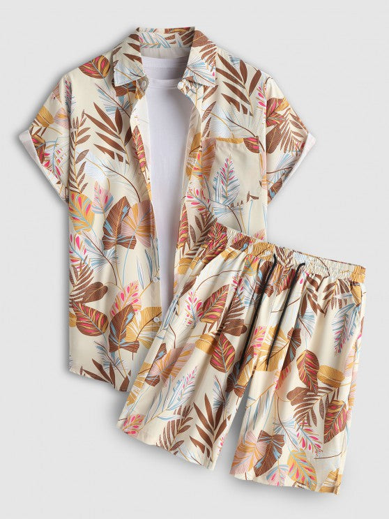 Tropical Leaves Shirt And Drawstring Shorts - Grafton Collection