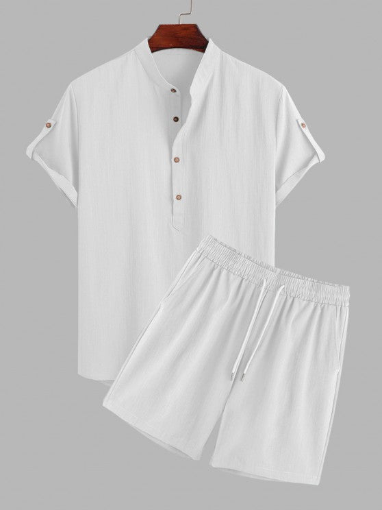 Half Button Shirt And Drawstring Shorts Set - Grafton Collection