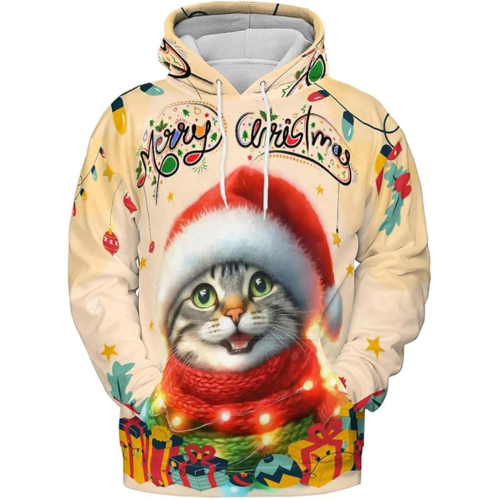 Christmas Cat Twinkling Lights All Over Print 3D Hoodie
