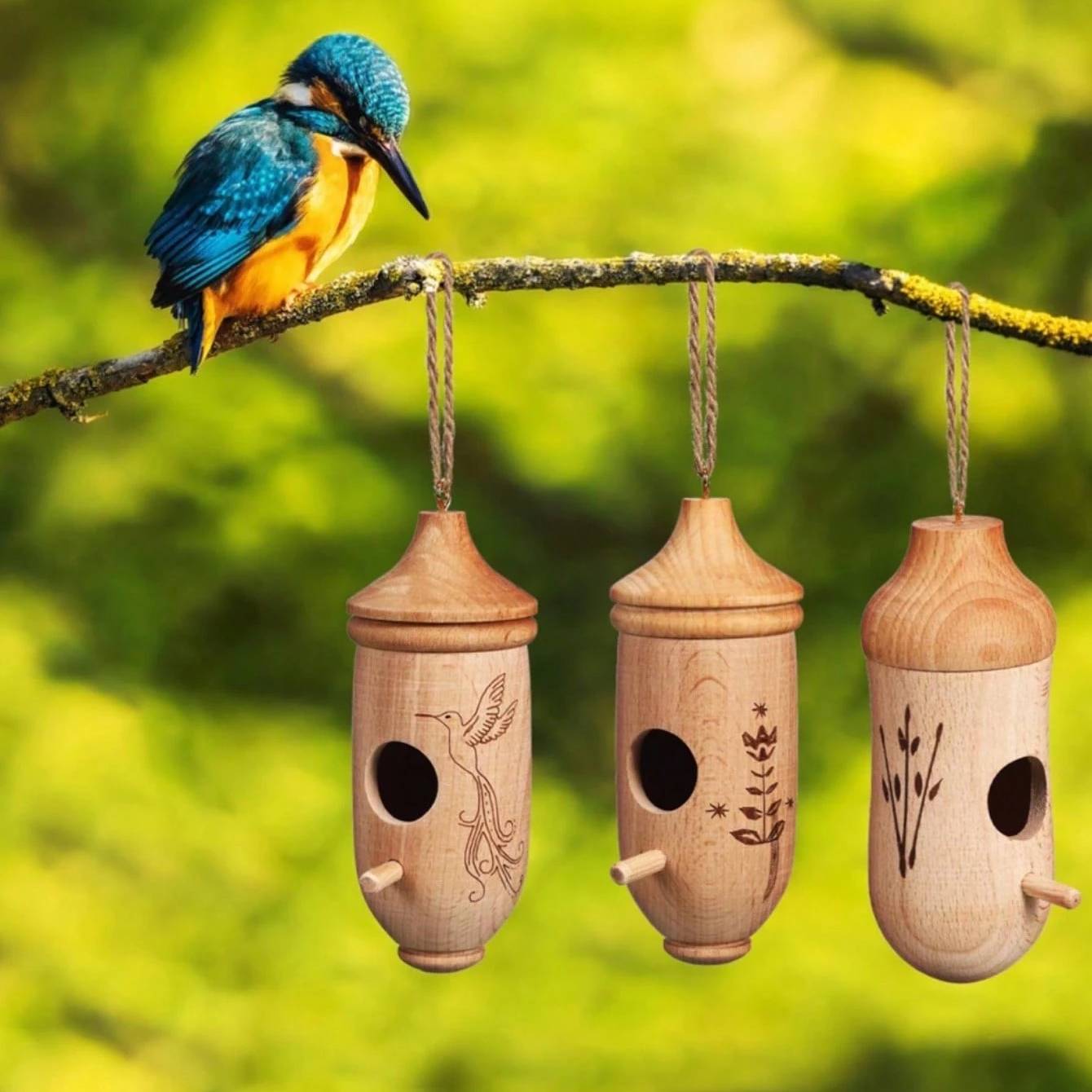 Wooden Outdoor Hanging Hummingbird House With Rope For Gardens