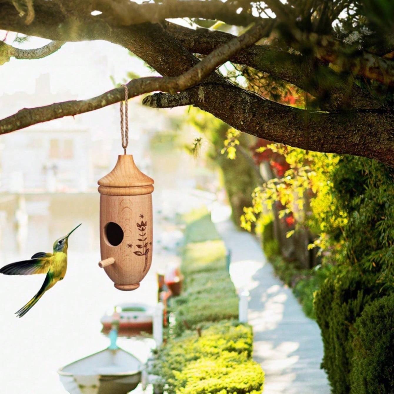 Wooden Outdoor Hanging Hummingbird House With Rope For Gardens