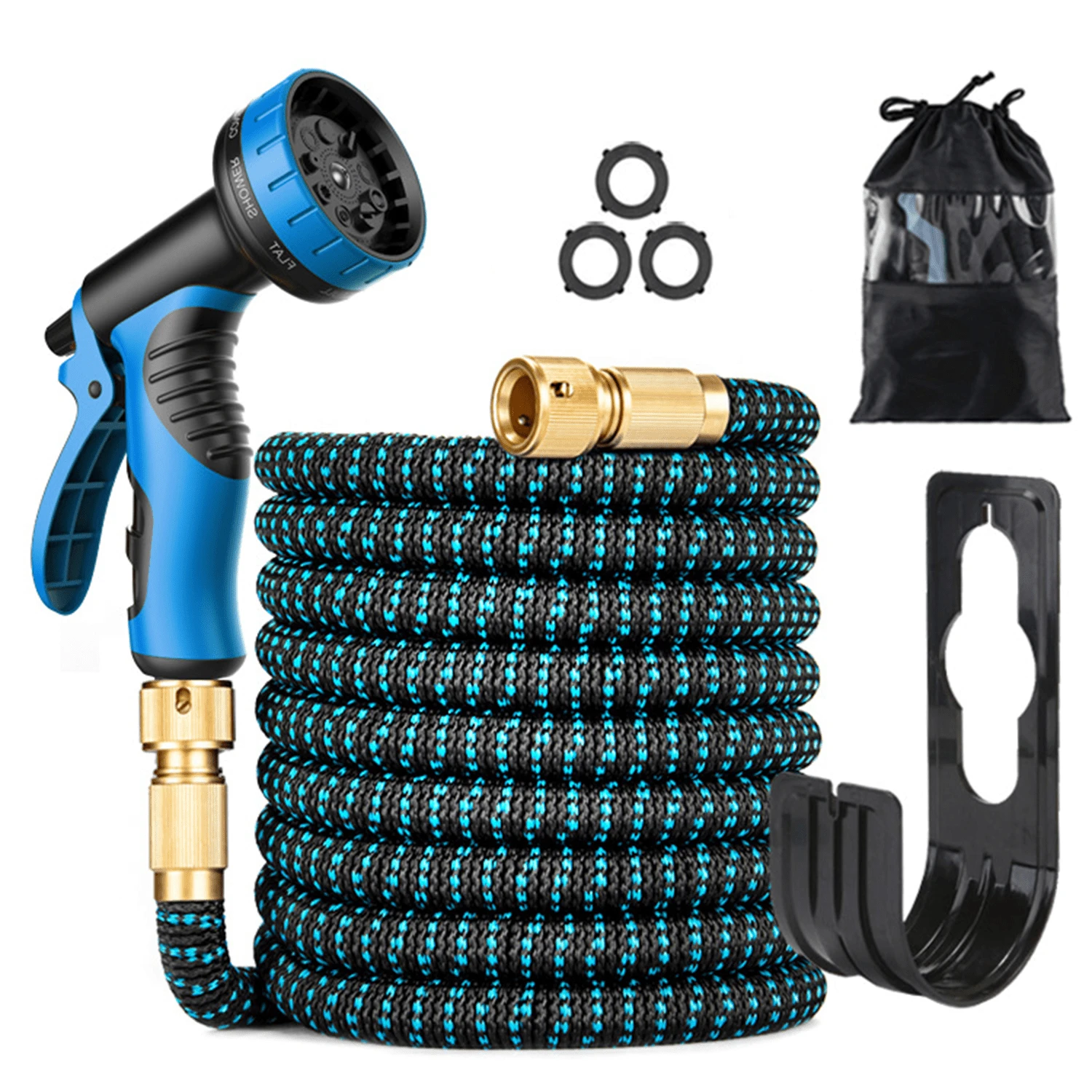 Expandable Garden Hose Kit With 10 Function Spray Nozzle And Solid Brass Fittings